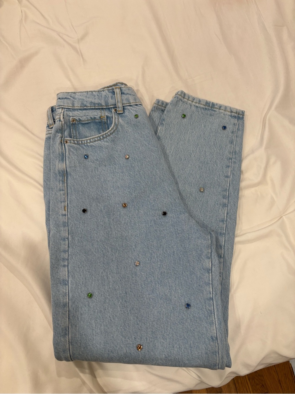 Zara Light Blue Straight Leg Jeans with Multicolor Studs